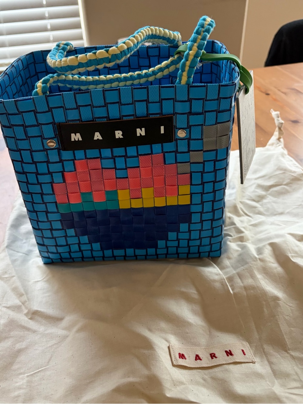 New NWT Marni Blue Woven Intreccio Pixel Print Tote Bag with Multicolor Graphic